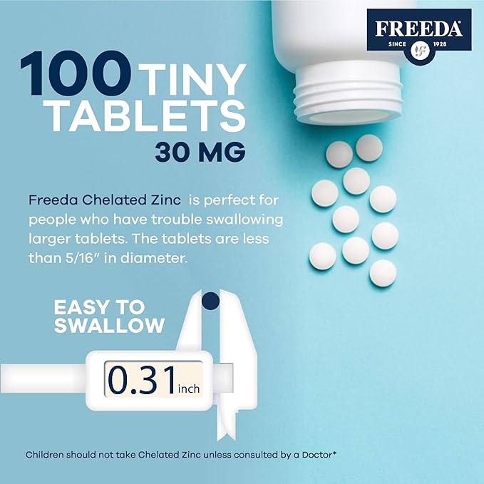Freeda Chelated Zinc Supplement - Kosher 30 mg Zinc Chelate Zinc Tablets as Albion TRAACS Zinc Bisglycinate - Zinc Chelated for Adults - Pure Zinc 30mg - Zinc for Men & Women - (100 Tiny Tablets)