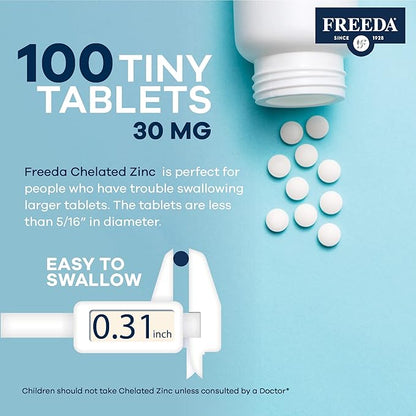 Freeda Chelated Zinc Supplement - Kosher 30 mg Zinc Chelate Zinc Tablets as Albion TRAACS Zinc Bisglycinate - Zinc Chelated for Adults - Pure Zinc 30mg - Zinc for Men & Women - (100 Tiny Tablets)