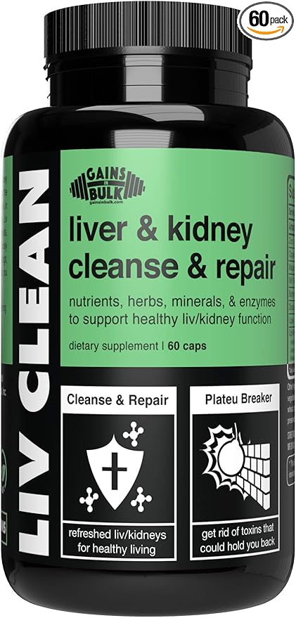 Gains in Bulk LIV Clean Liver and Kidney Cleanse & Repair | Supports Healthy Liver/Kidney Function | Fat and Toxin Reducing Beet Fiber Supplement | 60 Vegetarian Capsules