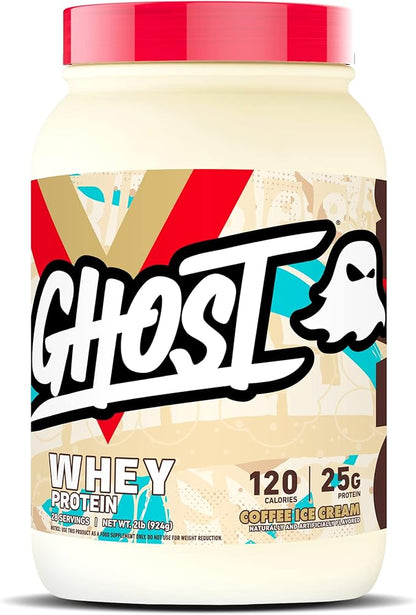Ghost Whey Protein Powder, Coffee Ice Cream - 2LB Tub, 25G of Protein - Flavored Isolate, Concentrate & Hydrolyzed Whey Protein Blend - Post Workout Shakes - Soy & Gluten Free