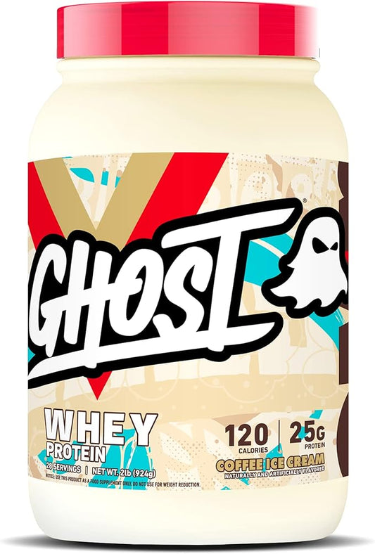 Ghost Whey Protein Powder, Coffee Ice Cream - 2LB Tub, 25G of Protein - Flavored Isolate, Concentrate & Hydrolyzed Whey Protein Blend - Post Workout Shakes - Soy & Gluten Free
