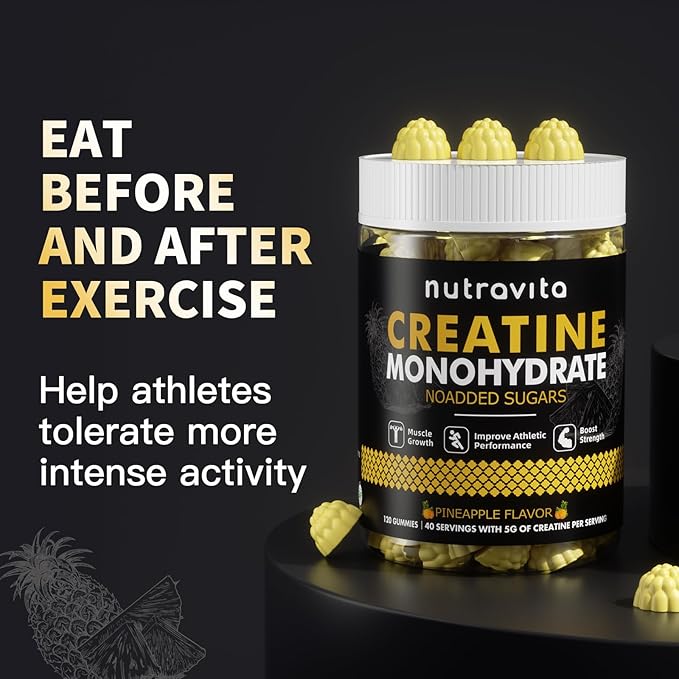 Creatine Monohydrate Gummies for Men & Women-5g of Creatine Monohydrate per Serving - Sugar Free,Vegan,Pineapple Flavor, 120 Count