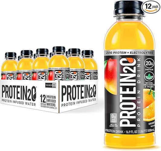 Protein2o 20g Whey Protein Isolate Infused Water Plus Electrolytes, Sugar Free Sports Drink, Ready To Drink, Gluten Free, Lactose Free, Orange Mango, 16.9 oz Bottle (12 Count)
