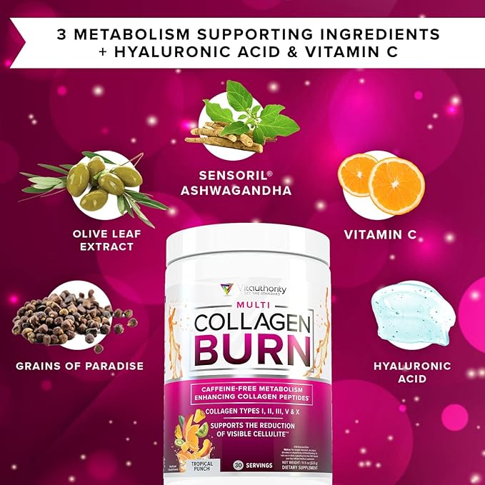Hydrolyzed Collagen Peptides Powder for Women - Slimming Multi Collagen Burn Ultimate Beauty Complex with Hyaluronic Acid Vitamin C & Types I II III V and X Collagen for Women - Tropical Punch