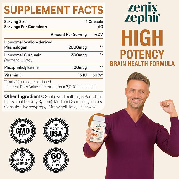 Liposomal Brain Supplements for Memory and Focus - Plasmalogen with Curcumin & Vitamin E for Better Absorption- Suitable for Seniors,Adult Men & Women Cognitive Health,High Potency 120 Servings