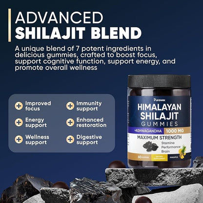 Shilajit Gummies 1000mg for Men and Women, Energy, Immunity Support, Pure Himalayan Shilajit Gummies with Ashwagandha, Sugar Free, Vegan, Pineapple Flavor, 30 Day Supply, Manganese, 60 pcs