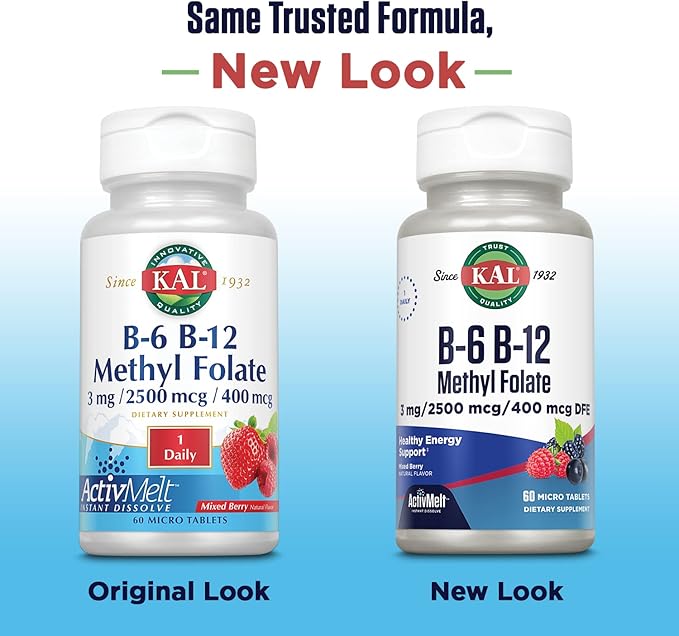 KAL Vitamin B-6 B-12 Methyl Folate ActivMelt, Vitamin B Supplement, Heart Health, Energy and Red Blood Cell Support with Methyl B12 and DFE Folic Acid, Natural Berry Flavor, 60 Servings, 60 Micro Tabs