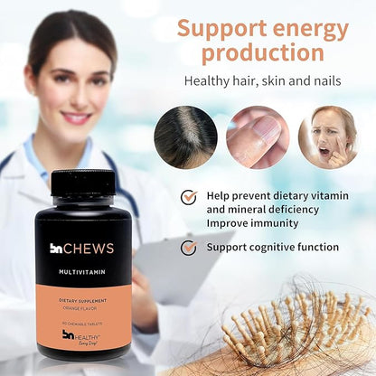 Orange Chewable Bariatric Multivitamin with Iron, 27 Essential Vitamins, Daily Multivitamin for Women Men, Gluten Free, Easy to Digest, 60 Tablets