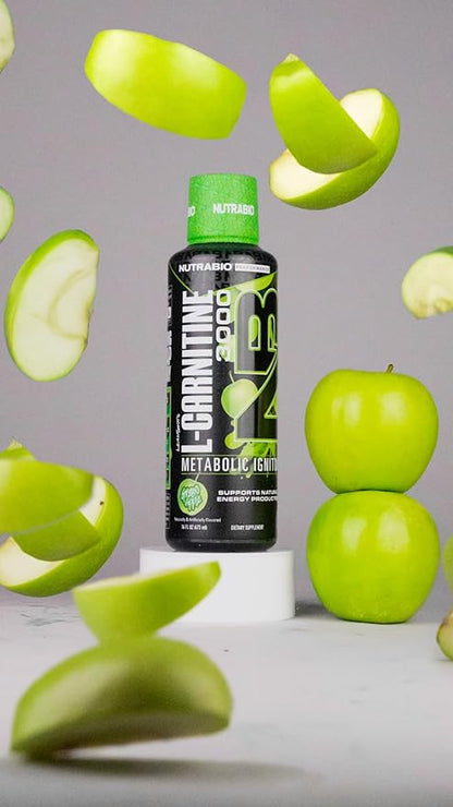 NutraBio – L-Carnitine Liquid Shots – 3000mg, (Green Apple) – 10mg of Vitamin B-5 – Zero Carbs & Sugars – Energy Production – Muscle Recovery