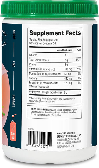 Organika Electrolytes + Enhanced Collagen- Strawberry Peach Flavor- Sugar-Free Hydration + Protein 360 Gram - 30 Servings