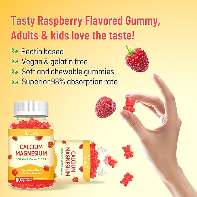 Calcium Gummies with Magnesium, Zinc, Vitamin D3 & B12, Calcium Supplements for Women Men, Support Bone, Muscle and Immunity, 60 Vegan Raspberry Flavor Gummies