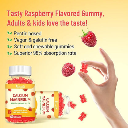 Calcium Gummies with Magnesium, Zinc, Vitamin D3 & B12, Calcium Supplements for Women Men, Support Bone, Muscle and Immunity, 60 Vegan Raspberry Flavor Gummies