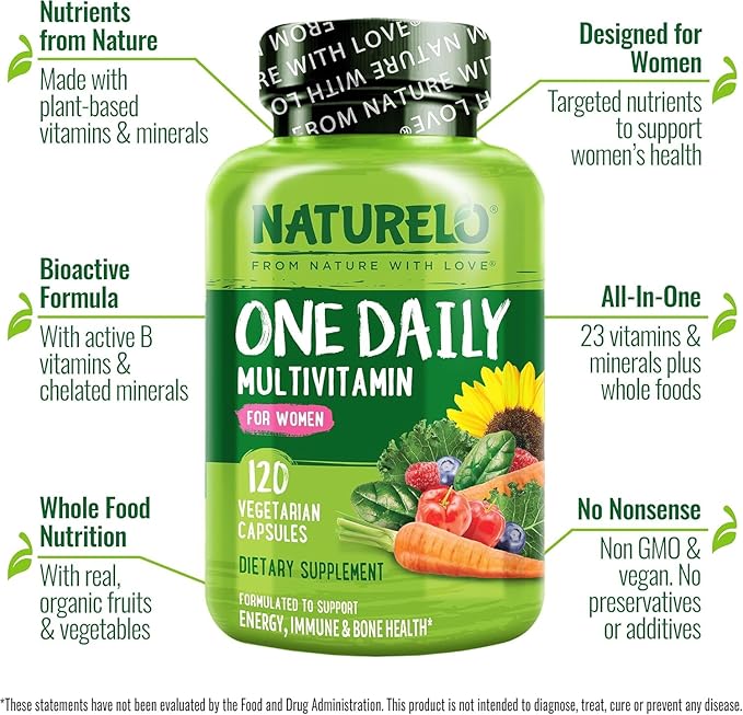 NATURELO One Daily Multivitamin for Women - Energy Support - Whole Food Supplement to Nourish Hair, Skin, Nails - Non-GMO - No Soy - Gluten Free - 120 Capsules - 4 Month Supply