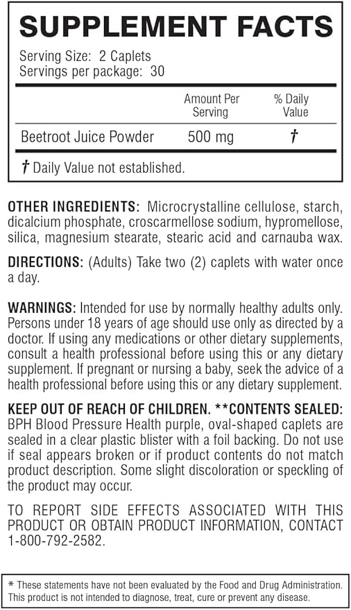 Blood Pressure Health Maintenance Dietary Supplement Caplets, Purple, Beetroot, 60 Count