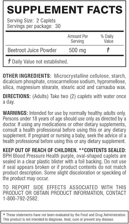Blood Pressure Health Maintenance Dietary Supplement Caplets, Purple, Beetroot, 60 Count
