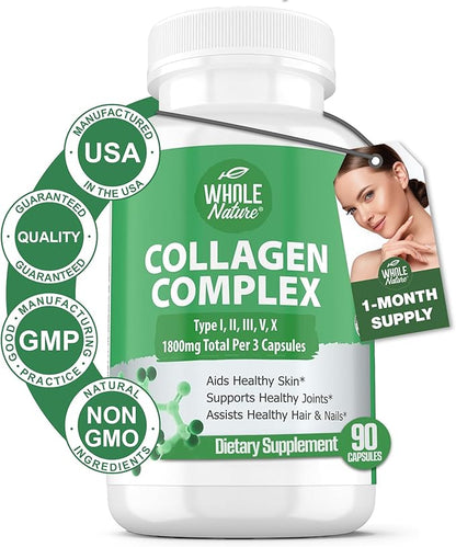 Multi Collagen Protein Peptides Supplement Capsules - 1800mg Collagen Complex Types I, II, III, V, X - Joint Support, Healthy Hair, Skin, Nails, Beauty Vitamins, 100% Natural, Non-GMO 90ct (1)
