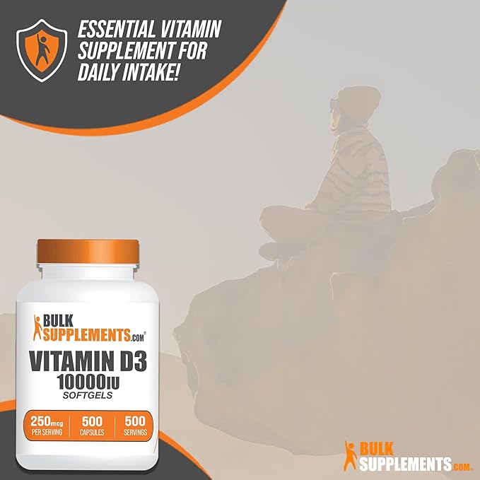BulkSupplements.com Vitamin D3 10000IU Softgels - Cholecalciferol, D3 Supplement, Vitamin D 10000 IU - 1 Vitamin D3 Softgel (250mcg of Vitamin D) per Serving - 500-Day Supply, 500 Softgels