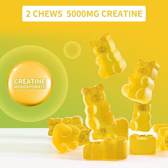 Creatine Monohydrate Gummies 5g for Men Women - Sugar Free Chewable Supplement. 180 Gummies Lemon
