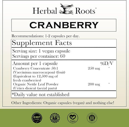 Herbal Roots Extra Strength Cranberry Pills for Women & Men with Organic Nettle | Urinary Tract Health | 60 Vegan Capsules