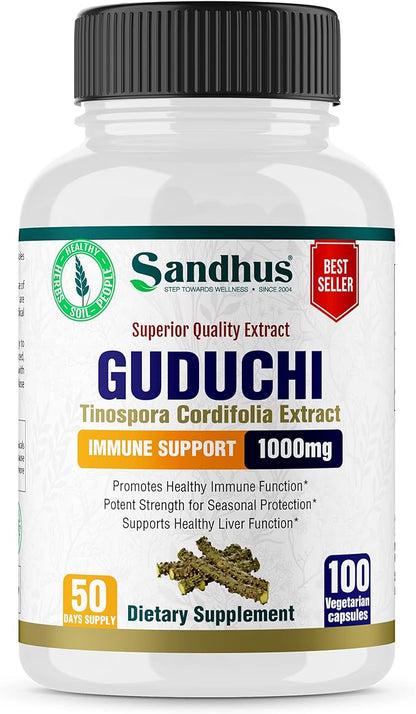 Sandhu's Guduchi (Tinospora Cordifolia) Giloy 100 Vegetarian Capsules Immune Support 1000mg per Serving