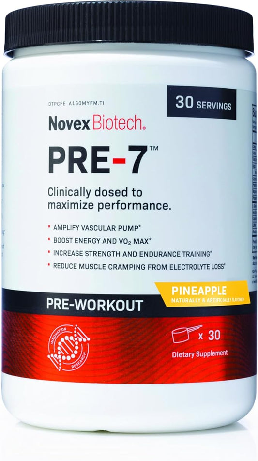 Novex Biotech PRE-7 Pre-Workout Pineapple Flavor – Super Preworkout Supplement – 300 MG Caffeine – Replenish Electrolytes – Amplify Vascular Pump* - 30 Servings