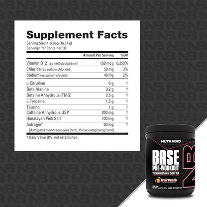 NutraBio Base Pre-Workout Sports Nutrition Powder - Sustained Energy, Mental Focus, Endurance, Hydration - Preworkout for Men and Women - Increase Energy- 30 Servings - Fruit Punch