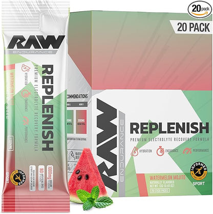 RAW Replenish Box, Premium Electrolytes Powder Recovery Formula, Watermelon Mojito (20 Sticks) - Flavored Electrolyte Drink Mix Supplement for Hydration, Replenishment, Endurance & Performance