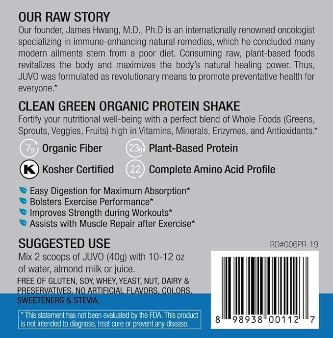 Juvo Raw Green Protein Organic, Vegan, Gluten Free, Non-GMO, Kosher, No Stevia, 23g of Protein, Complete Amino Acid Profile, 16.9 Ounce