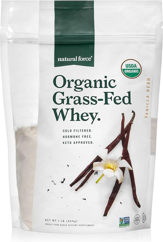 Natural Force Grass Fed Organic Whey Protein Powder – Non GMO Verified, Humane Certified & Lab Tested for Toxins – Real Vanilla Flavor – Keto Friendly, Low Carb, and Kosher - 16 Ounce A2 Protein