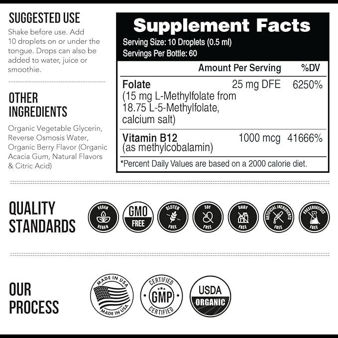 L Methyl Folate 15mg Plus Methyl B12 Cofactor – Organic, Berry Flavor, Professional Strength, Liquid Sublingual, Active 5-MTHF Form - Supports Mood, Homocysteine Methylation, Cognition (1oz -2 Pack)
