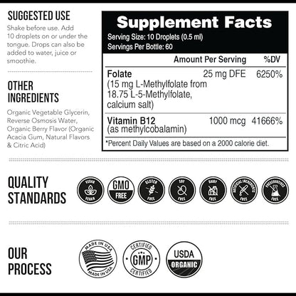 L Methyl Folate 15mg Plus Methyl B12 Cofactor – Organic, Berry Flavor, Professional Strength, Liquid Sublingual, Active 5-MTHF Form - Supports Mood, Homocysteine Methylation, Cognition (1oz -2 Pack)