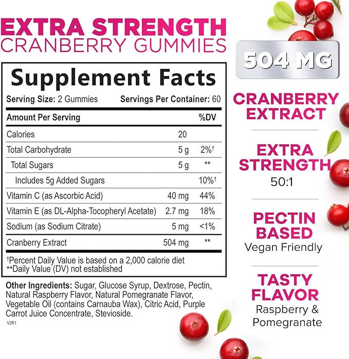 Cranberry Gummies - Urinary Tract Health Gummy + Vitamin C - 25,000mg - Triple Strength Cranberry Concentrate Extract Supplement Pills, Ultimate Potency, Non-GMO, Gluten Free - 120 Gummies