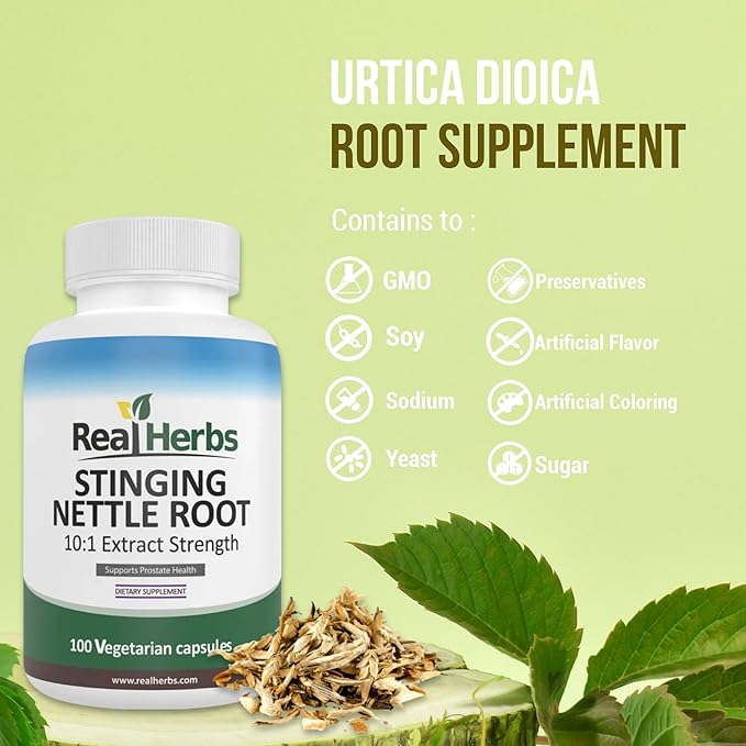 Real Herbs Stinging Nettle Root Extract 7500mg (750mg of 10:1 Extract) Vegetarian Friendly, Non-GMO, Gluten Free - Promotes Prostate & Urinary Tract Health - 100 Capsules