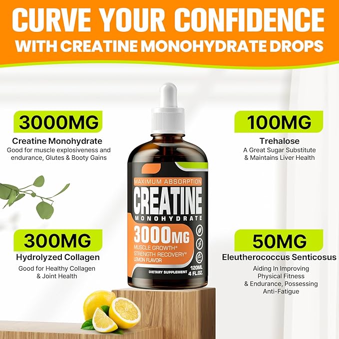 Creatine Monohydrate 3000mg, Liquid Creatine for Muscle Mass, Strength, Glute, Booty & Endurance - Creatine for Women and Men with Hydrolyzed Collagen & Trehalose - 120ml Creatine HCl (Lemon Flavor)