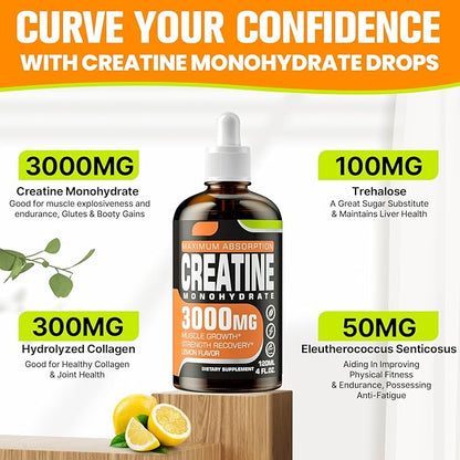 Creatine Monohydrate 3000mg, Liquid Creatine for Muscle Mass, Strength, Glute, Booty & Endurance - Creatine for Women and Men with Hydrolyzed Collagen & Trehalose - 120ml Creatine HCl (Lemon Flavor)