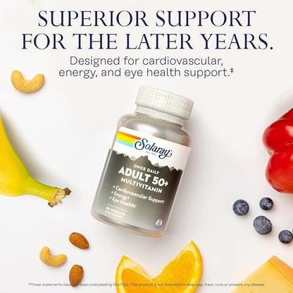 Solaray Once Daily Adult 50+ Complete Multivitamin for Women & Men, Essential Vitamins & Chelated Minerals for Healthy Energy, Heart, Brain & Immune Support, With CoQ10 & Lutein, Iron Free, 90 VegCaps