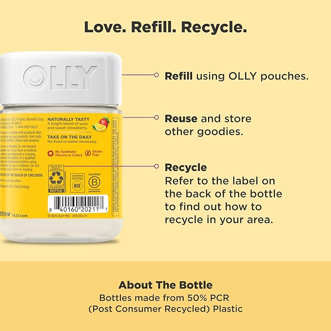 OLLY Extra Strength Daily Energy Gummy, Caffeine Free, 1000mcg Vitamin B12, CoQ10, Goji Berry, Adult Chewable Supplement, Berry Yuzu Flavor - 60 Count