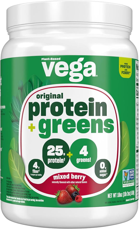 Vega Protein and Greens Protein Powder Mixed Berry (11 Servings) 25g Plant Based Protein Plus Veggies, Vegan, Non-GMO, Pea Protein for Women and Men, 1.2lbs
