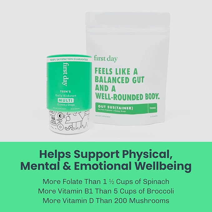 FIRST DAY Teens Daily Multivitamin + Tribiotic Gummies – Vitamin A, D3, B6, B12, C, Pre+, Post+, Probiotics & More to Support Growth, Brain Function, Immunity, Digestion – Low Sugar – 30 Day Supply