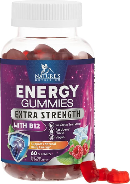 Energy Gummies Vitamin B12, Green Tea Natural Caffeine Support, Extra Strength 1000 mcg Daily Energy Vitamins, Delicious Berry Flavor Gluten Free Chewable Supplement for Cycling & Running - 60 Chews