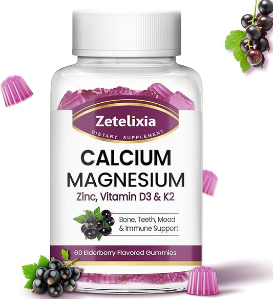 Calcium Gummies for Women Men, Calcium Magnesium Zinc with Vitamin D3 & K2, Calcium Magnesium Supplement for Bones Muscles and Joints, Elderberry Flavor - 60 Count