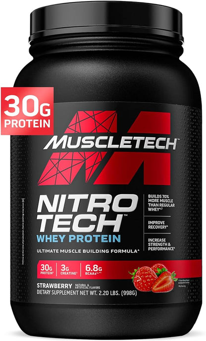 Muscletech Whey Protein Powder (Strawberry, 2.2 Pound) - Nitro-Tech Muscle Building Formula with Whey Protein Isolate & Peptides - 30g of Protein, 3g of Creatine & 6.6g of BCAA