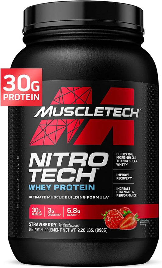 Muscletech Whey Protein Powder (Strawberry, 2.2 Pound) - Nitro-Tech Muscle Building Formula with Whey Protein Isolate & Peptides - 30g of Protein, 3g of Creatine & 6.6g of BCAA