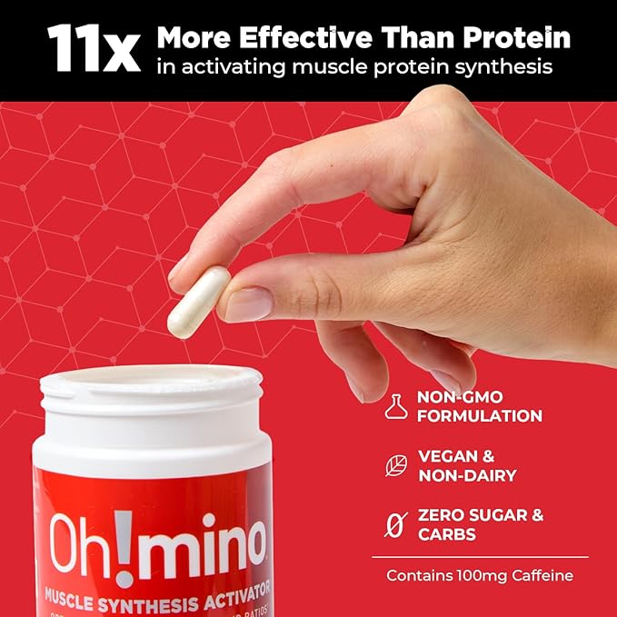 Oh!mino Oh! Nutrition Muscle Synthesis Activator, Electrolyte Capsules with Essential Amino Acids & 100mgs of Pharma-Grade Caffeine, Pre Workout, Post Workout for Men and Women, 180 Vegan Capsules