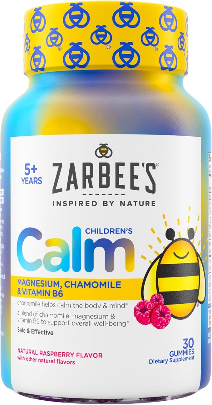 Zarbee's Children's Calm Gummy, Supports a Calm Mind & Body for Kids Ages 5+, Made with Magnesium, Chamomile & Vitamin B6, Natural Raspberry Flavor, 30 Count Gummies