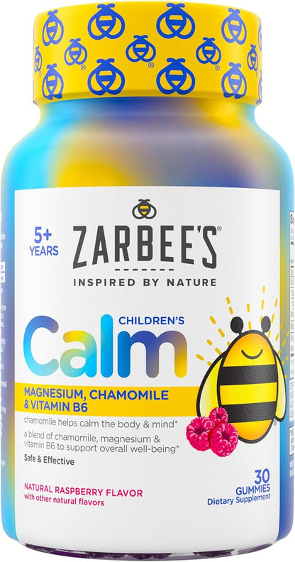 Zarbee's Children's Calm Gummy, Supports a Calm Mind & Body for Kids Ages 5+, Made with Magnesium, Chamomile & Vitamin B6, Natural Raspberry Flavor, 30 Count Gummies