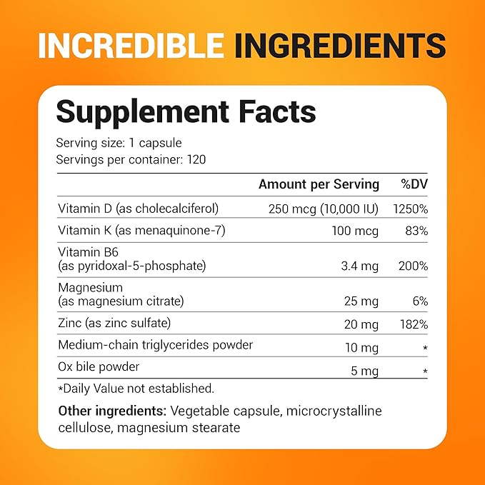 Dr. Berg Vitamin D3 K2 w/MCT Powder - Includes 10,000 IU of Vitamin D3, 100 mcg MK7 Vitamin K2, Purified Bile Salts, Zinc & Magnesium for Ultimate Absorption - K2 D3 Vitamin Supplement - 120 Capsule