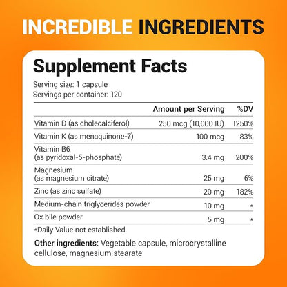 Dr. Berg Vitamin D3 K2 w/MCT Powder - Includes 10,000 IU of Vitamin D3, 100 mcg MK7 Vitamin K2, Purified Bile Salts, Zinc & Magnesium for Ultimate Absorption - K2 D3 Vitamin Supplement - 120 Capsule