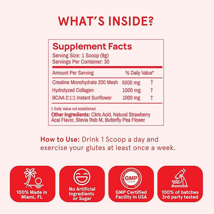 Creatine Monohydrate Powder, Glute Builder Creatine for Women with Collagen, BCAAs, 5g Vegan Micronized Creatine per Serving, for Energy, Muscle Support, 30 SVG, Strawberry Acai