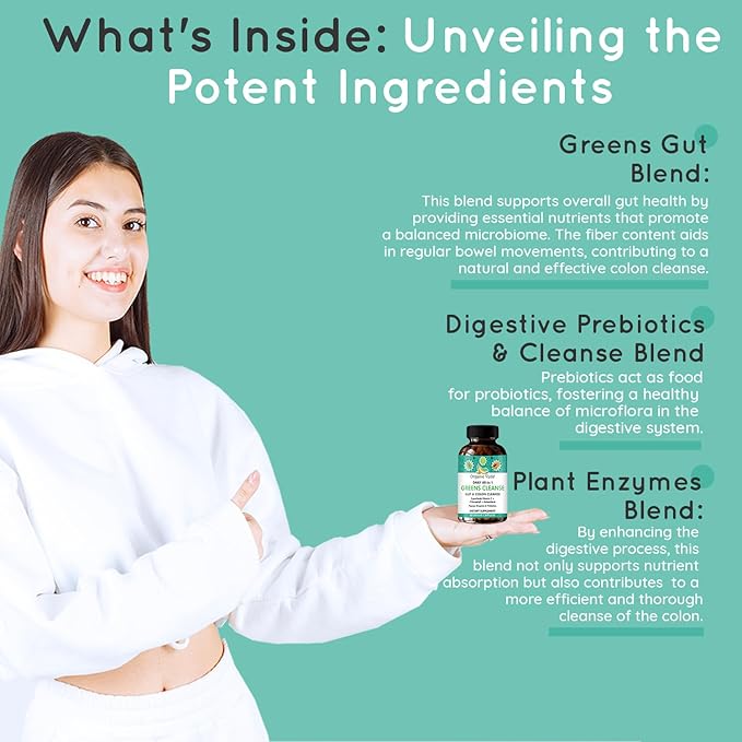 Daily All-in-1Greens Cleanse - Organic Gut Health - Colon Cleanse Capsules with Amla, Moringa, Psyllium Husk, and Prebiotics for Digestive Health - Colon Cleanser with Digestive Enzymes – 60 Capsules